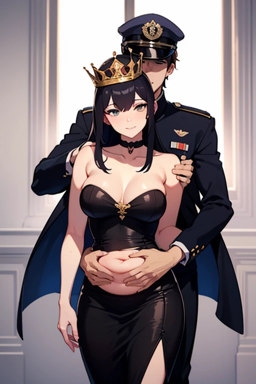 A display of arrogant beauty,Sexy,Queen, Wear cool and revealing clothes, Raise your left foot。A handsome officer embraced the Queen from behind,Hold the Queen tightly in your arms,Belly close to the queen'Boat,Full of persistence,Manic。The Queen's cheeks are slightly red,Blind eyes,The small mouth opens slightly,The Queen is Asian。The Queen wore a low-cut dress。waist。Thong。The officers are younger、More handsome。The style is based on the German Wehrmacht during World War II。The characters' faces are as mature as possible.。Real-life shooting TV drama effects。The Queen is based on actress Xin Zhilei,The image of the police officer is based on the actor Jin Dong。Ultra-high resolution。Production quality reference Xuanji Technology。