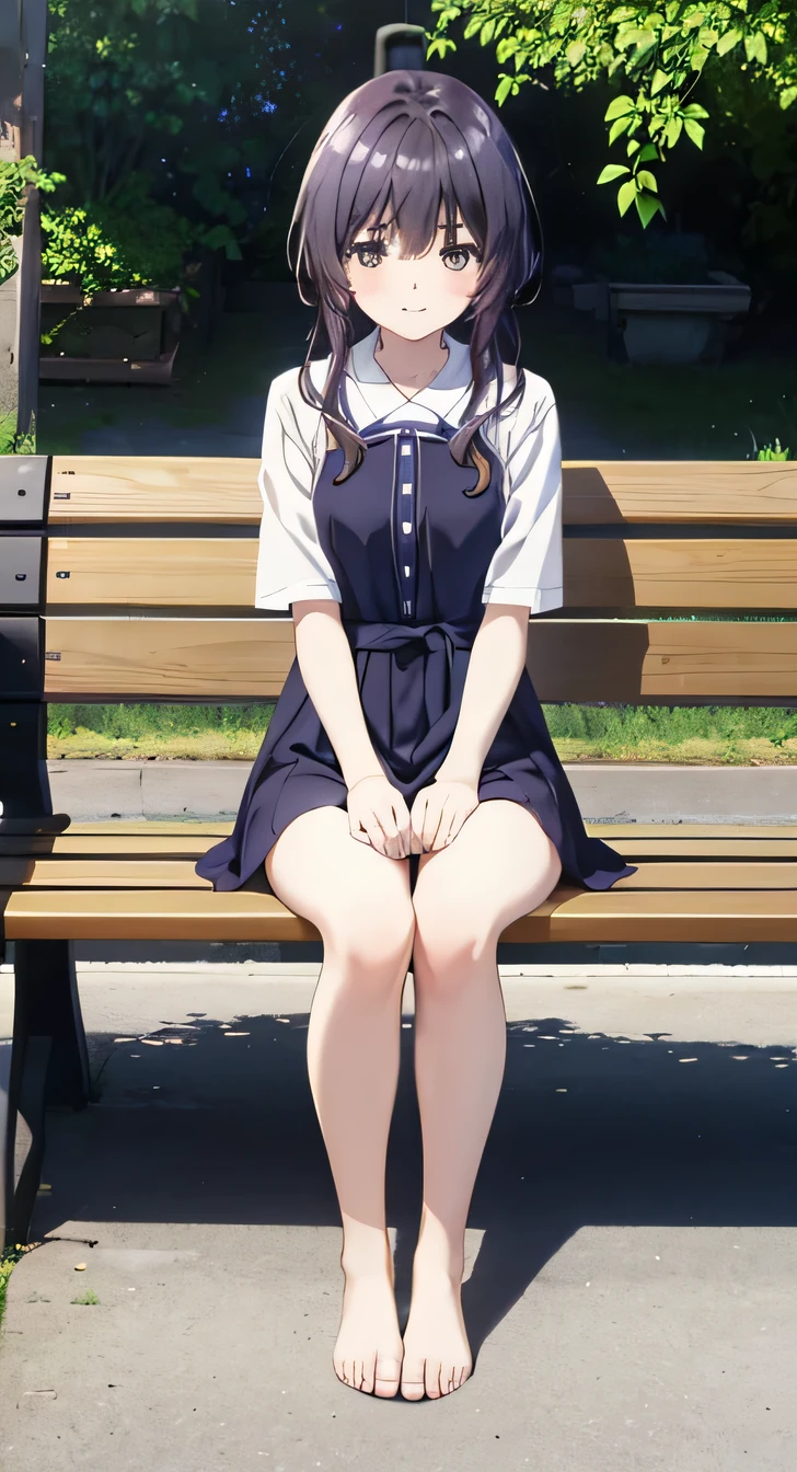 resolution, (Head to Toe full body), front, frontComposition from slightly below, Symmetric, Tall 18 year old girl, alone, (Head to Toe), (Small breasts), Black Hair, (), (Sit with your legs apart), (Crouching pose), ( (Sit on a bench with your legs spread), (M-shaped feet), Thin legs, Very beautiful tall 18 year old girl, , smile、 Looking into the camera, （I&#39;m not wearing shoes）Long sleeve blouse、Shorts、sandals

