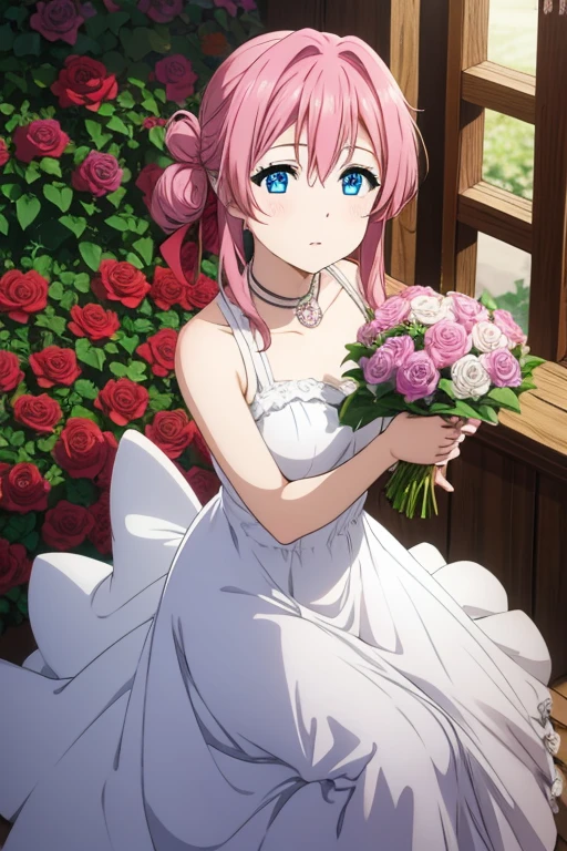 Pink hair, blue eyes, long party dresses, and a bouquet of roses.