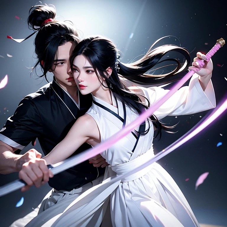 Man and woman in tulle hanfu, woman holding sword against man, Bblack hair, short ponytail, onyx eyeballs, texture detail, shining skin, floor, spinning feather sword, motion blur background, contra-luz, 8K, super detaill, work of art, best qualityer