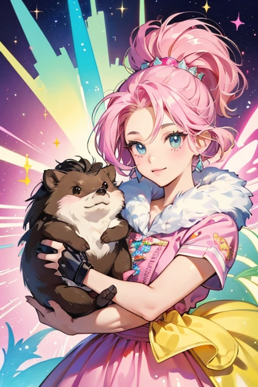 80s Hog is a fluffy brown girl hedgehog with yellow, blue, hot pink and pale pink spikes. SPARKLE; GLITTER