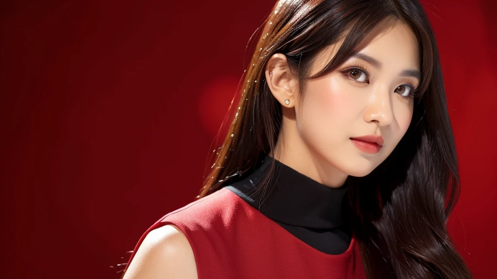 (a red rose),(detailed face),VIVID,pretty,sleeveless and turtle neck white silky clothes,4k ,super high resolution ,(photo-realistic: 1.7),((red background)),black long hair,