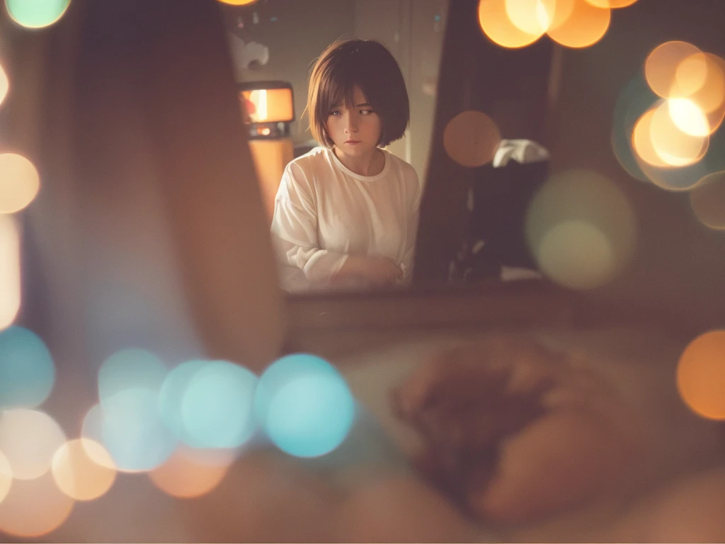 Voyeur , (old color negative film) , (soft focus) , (Bokeh:1.5) , woman , woman's messy room , (Activities of daily living) , underwear , looking away , Change underwear , Scratching the groin , front object