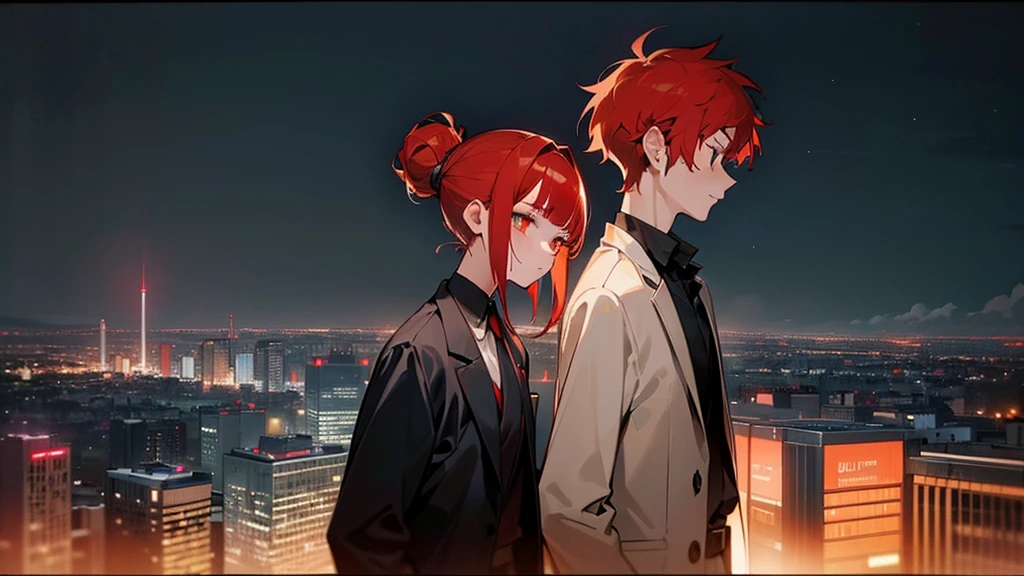 masterpiece, detailed, ( 1 girl and 1 man focus ) , girl and gang male at an night modern cityscape , ( 1 girl and 1 gang male:1.3 ) , red hair male, ( male with red hairstyle:1.3 ) , ( beige hair girl ) , chignon hairstyle girl, ( girl with single chignon hairstyle:1.3 ), messy blunt bangs male , girl with blunt bangs , wearing black suit , deep-red eye , ( male face:1.3 ) , (( The background of the night modern cityscape )) , ( midnight ) , side by side , neon , building , moonlight