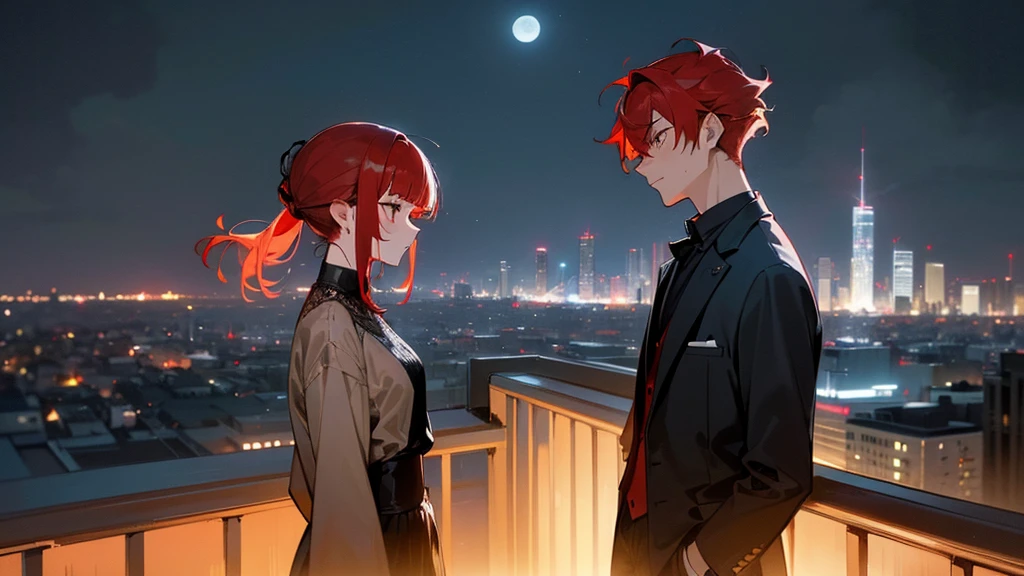 masterpiece, detailed, ( 1 girl and 1 man focus ) , girl and gang male at an night modern cityscape , ( 1 girl and 1 gang male:1.3 ) , red hair male, ( male with red hairstyle:1.3 ) , ( beige hair girl ) , chignon hairstyle girl, ( girl with single chignon hairstyle:1.3 ), messy blunt bangs male , girl with blunt bangs , wearing black suit , deep-red eye , ( male face:1.3 ) , (( The background of the night modern cityscape )) , ( midnight ) , side by side , neon , building , moonlight