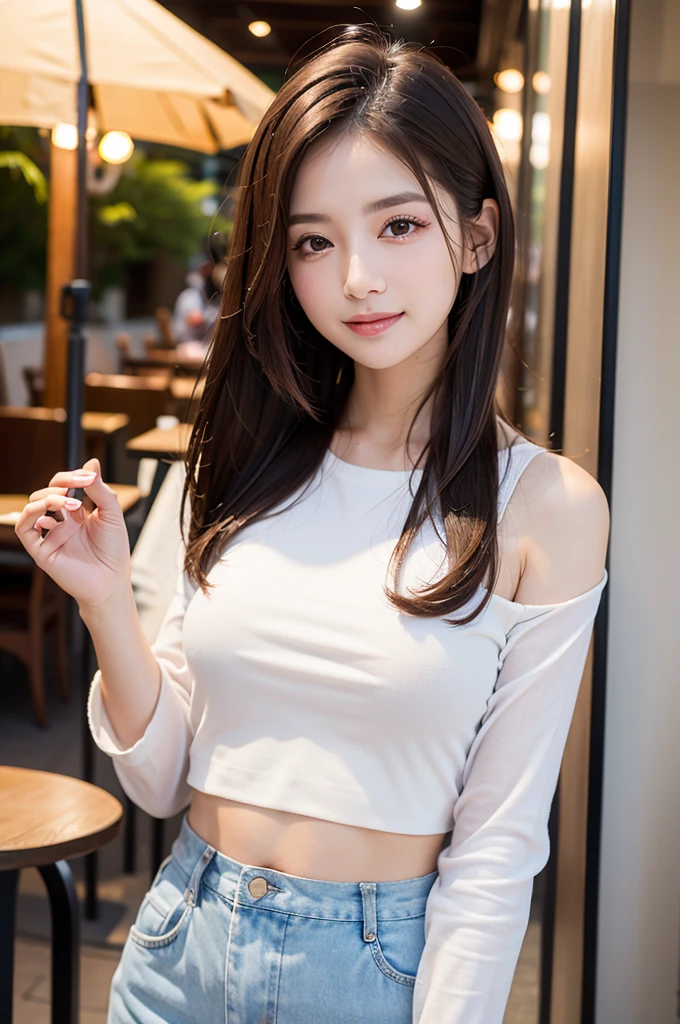 ((Highest quality)), ((masterpiece)), (Familiar), Perfect Face, masterpiece、Highest quality、High resolution、wallpaper、Realistic、Bright lighting、Professional Lighting、Face Light、Smooth lighting、Japanese women、20th Gen Midplate、so beautiful、Beautiful Skin、Beautiful and exquisite、Familiar顔、slim、moderately、short hair、Brunette colored hair、Brown eyes、Looking into the camera、Cafe sofa、 Commercial Photography, Beautiful Instagram influencer girls, The best smile,Daytime