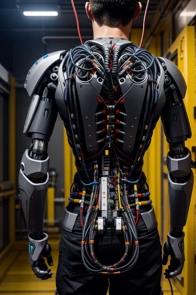 being half human, half robot, a lot of cables come out of his back