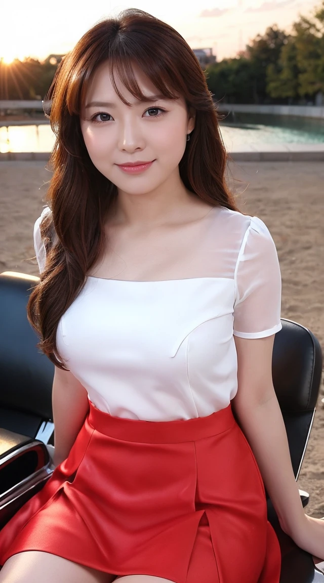 detailed,Clear lines,Highest quality, masterpiece,Bright and dark light,Big Sunset、Canon Photo Crystal Clear ,（Realistically:1.2）, (Red Casual Mini Skirt Dress)、Action pose、Cowboy Shot、A sloppy smile、Glamour body type、Medium Long Hair、((Wind))、 seats
