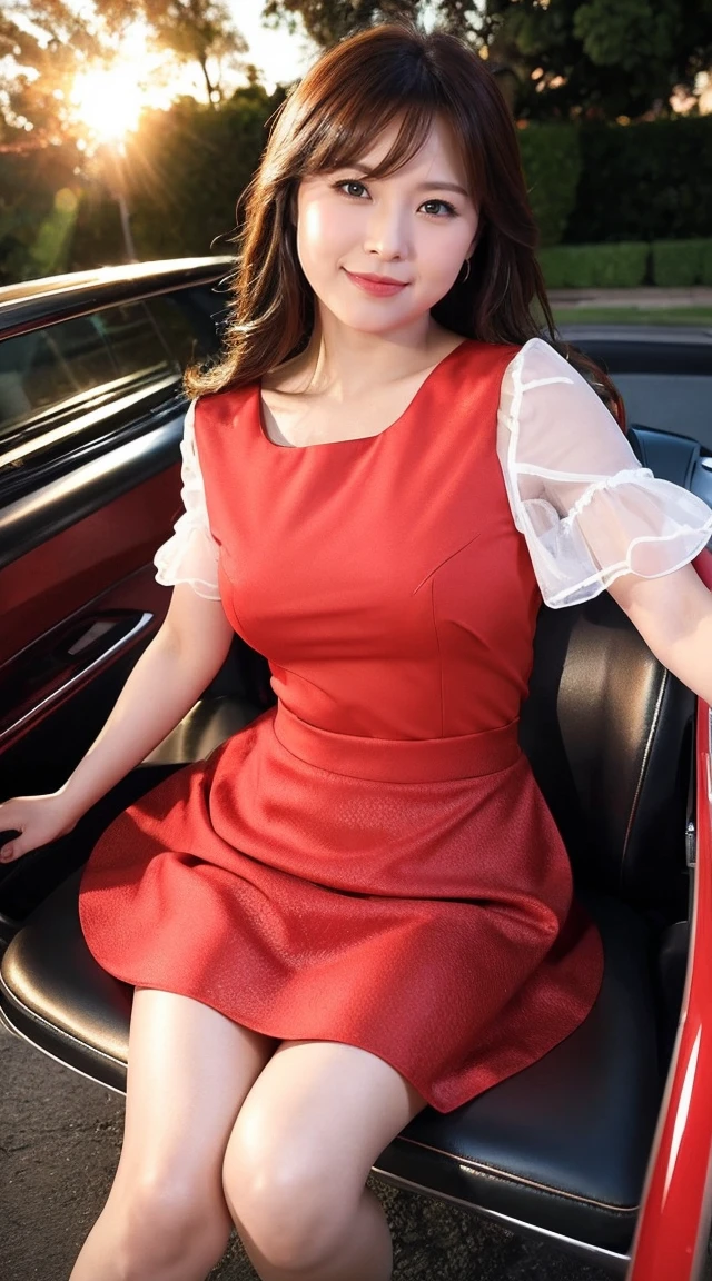 detailed,Clear lines,Highest quality, masterpiece,Bright and dark light,Big Sunset、Canon Photo Crystal Clear ,（Realistically:1.2）, (Red Casual Mini Skirt Dress)、Action pose、Cowboy Shot、A sloppy smile、Glamour body type、Medium Long Hair、((Wind))、 seats