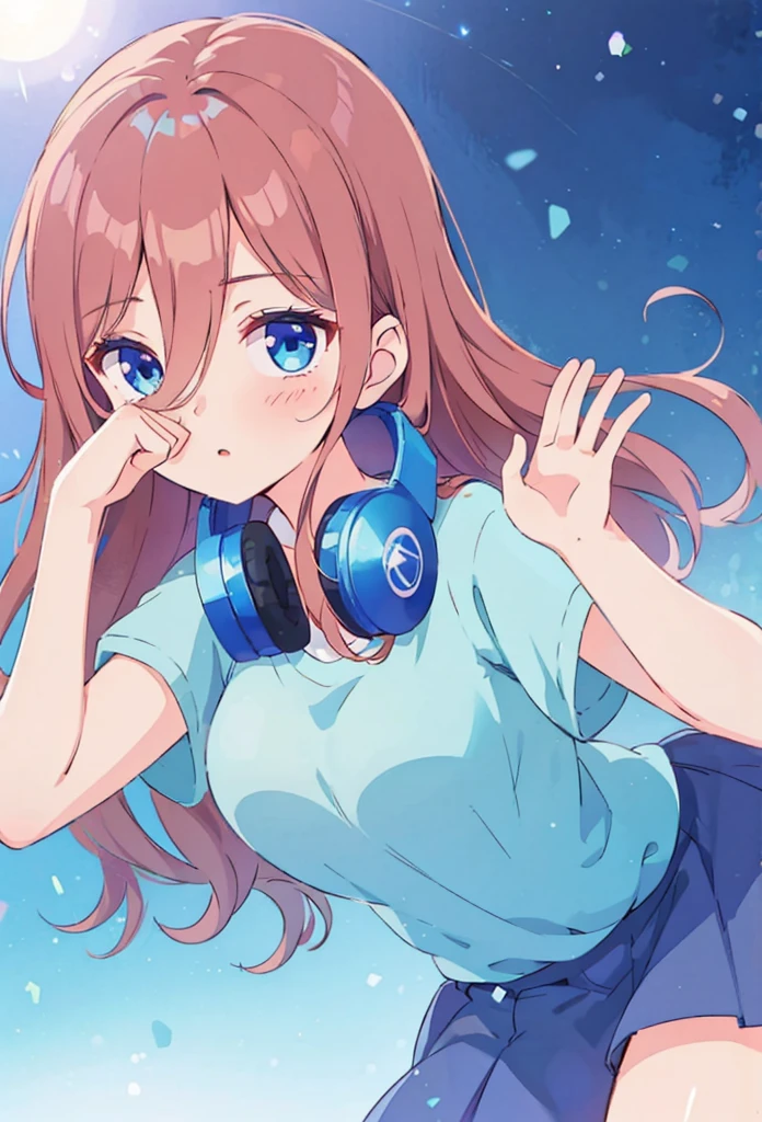Miku nakano yawning, tender, lovely, 4k, perfect quality, excellent character design, pastel coloured image, vivid colours, bright colours, simple background, magic hill background, splendid nature, natural light, daylight, full body, full shot, dinamic pose, tired, rubbing eyes, laying down, clean lineart, neat, 4k, excellent quality, Ultra Detail, Soft Light, Deep Focus Bokeh, Ray Tracing, --niji 5. long fluffy pink brown hair, blue eyes, nakano_miku, iridescent, blue headset, hair strand falling across face, splendid, iridescent, dynamic pose, moving, excellent character design, full body pose, perfect face, aamiku,long hair,bangs,hair between eyes,headphones around neck
