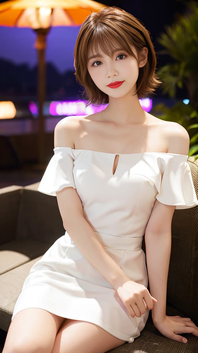 Highest quality、8k wallpaper、Reality:1.4、Photographed by a professional photographer、Cinema Lighting、View your viewers、background:Gorgeous bar lounge at night、1 beautiful girl、Japanese Idol、30 years old、Beautifully detailed eyes、Detailed face、Beautiful Skin、Slender、Slim waist、Thin legs、Red lipstick、Fancy hairstyle:1.8、Random hair color、Light Hair、Asymmetrical bangs、Off-the-shoulder dress、I can see your chest 、smile:1.4、Seductive pose