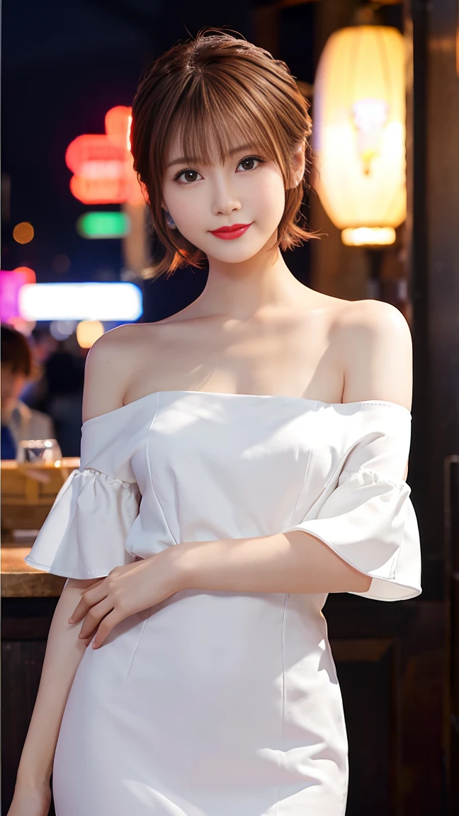 Highest quality, masterpiece, Ultra-high resolution, 8k, RAW Photos, Realistic, Anatomically correct:1.5), 20-year-old girl:1.2, Embarrassing, avert your eyes, blush:1.0, View Viewer, ((bar)) 、Large windows、Night view、 Light:1.2, Bokeh, Cinema Lighting:1.0, sharp、 Cute Face、Idol、Short sleeve tulle top、Tulle skirt、Silk-colored clothes、”dwarf”、(Floral clothes)、(Full Body Shot)、Side angle、Cowboy Shot、、 smile、((Ultra short hair、Berry Short))、(Straight bangs)、(( One Girl))、(Waist)、(I can see your thighs)、(Accurate depiction)、((Fuller lips)),Large Breasts