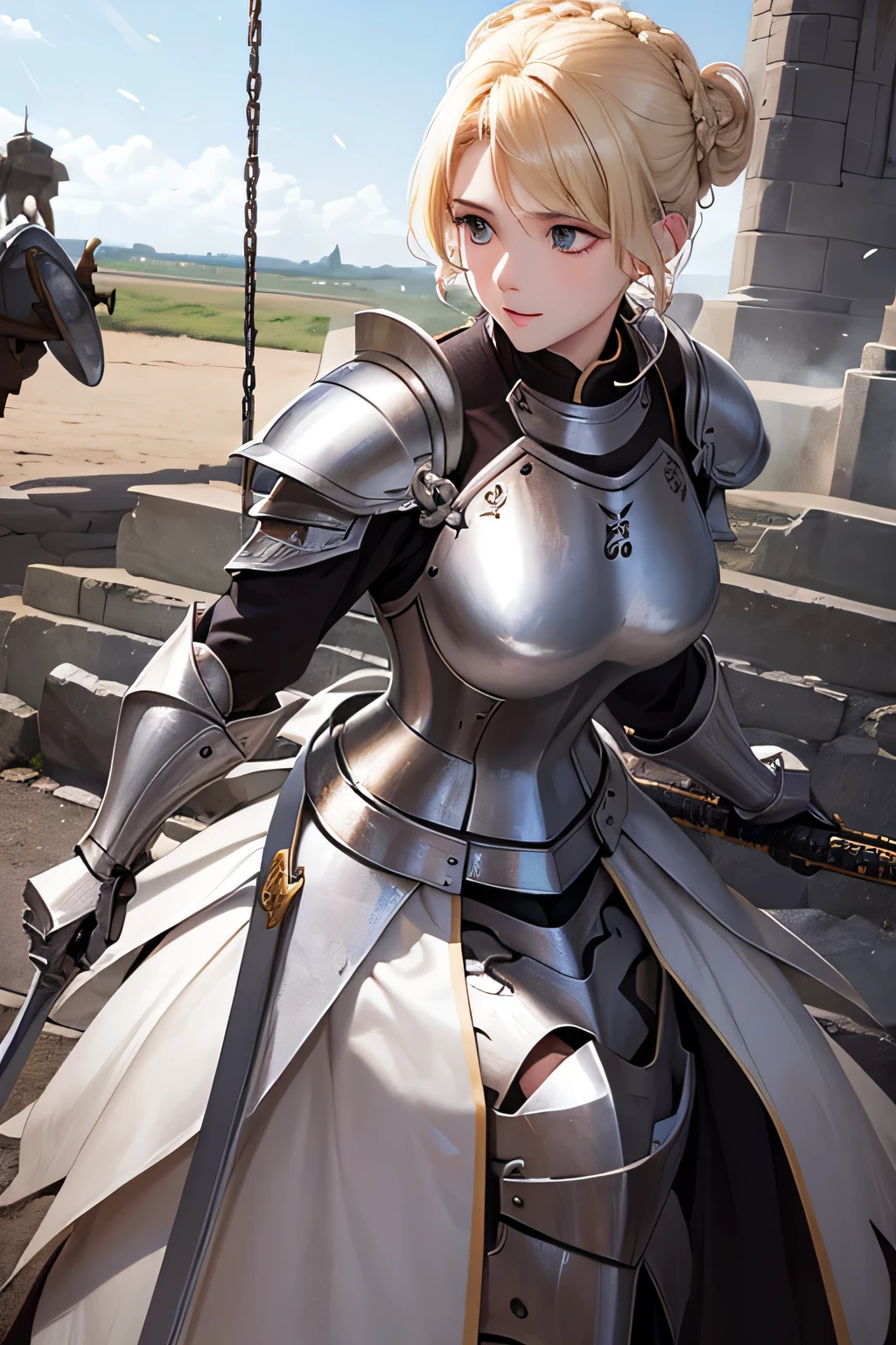 Beautiful 20 year old woman, (((blond updo))), holy knight, White Iron Armor、Swinging the Sword、battlefield