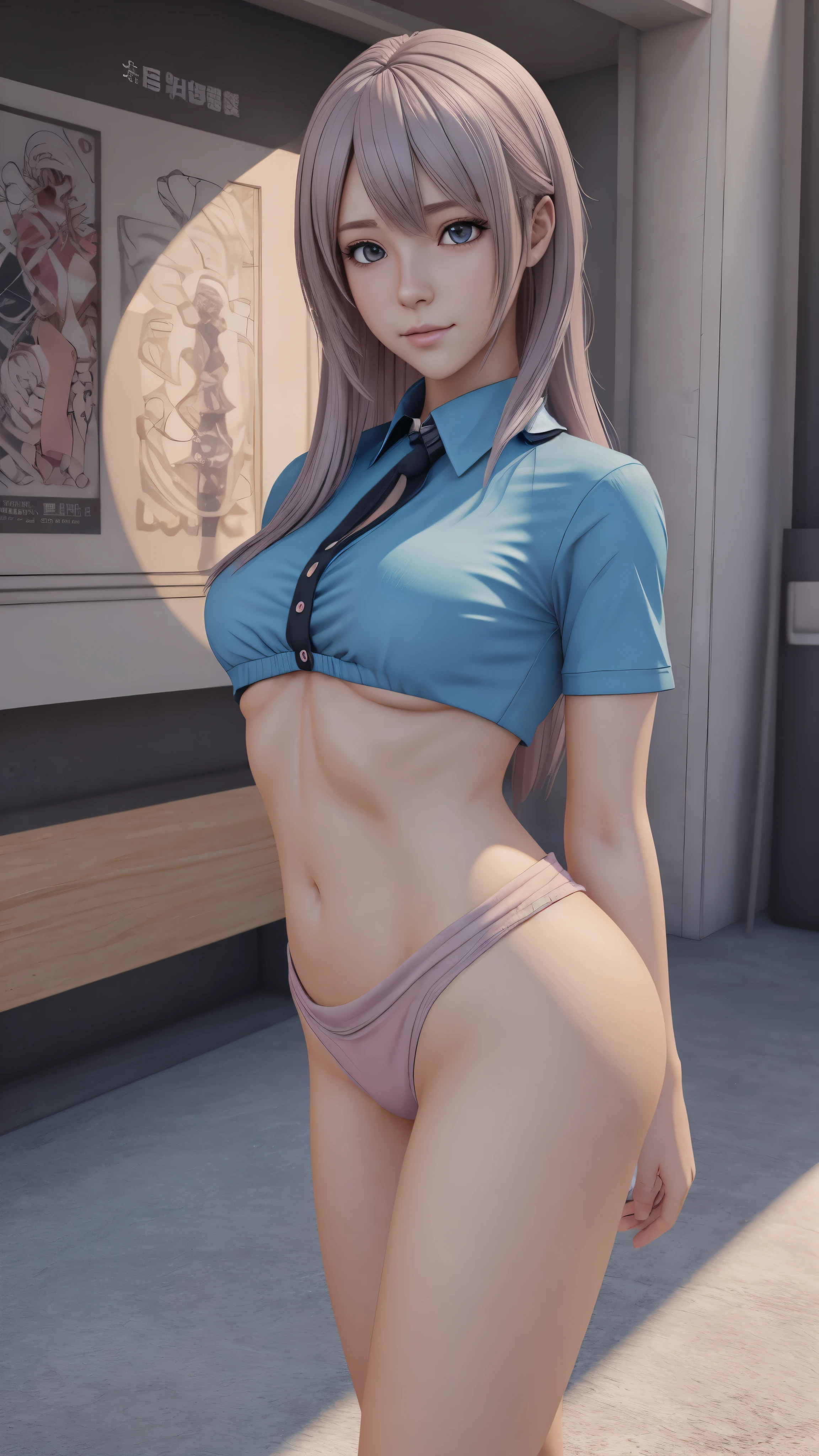 a woman with long hair and a blue shirt posing for a picture, realistic anime 3 d style, anime highly detailed, anime styled 3d, seductive anime girl, 3 d anime realistic, anime girl, amouranth, anime style. 8k, hyper realistic anime, better known as amouranth, anime girls, 3d anime girl, photorealistic anime girl render