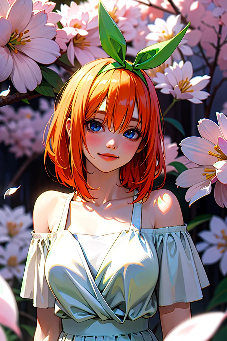 Best quality, masterpiece, ultra high res, (photorealistic:1.4), raw photo, 1girl, white dress, off shoulder, blossom flower field, glowing skin, light smile, yotsuba nakano, orangw hair, shoulder length orange hair, blue eyes, green ribbon