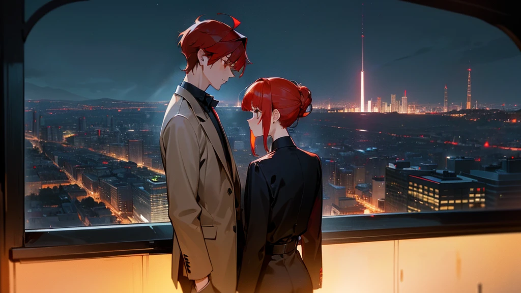 masterpiece, detailed, ( 1 girl and 1 man focus ) , girl and gang male at an night modern cityscape , ( 1 girl and 1 gang male:1.3 ) , red hair male, ( male with red hairstyle:1.3 ) , ( beige hair girl:1.3 ) , chignon hairstyle girl, ( girl with single chignon hairstyle:1.3 ), messy blunt bangs male , girl with blunt bangs , wearing black suit , deep-red eye , ( male face:1.3 ) , (( The background of the night modern cityscape )) , ( midnight ) , side by side , neon , building , moonlight