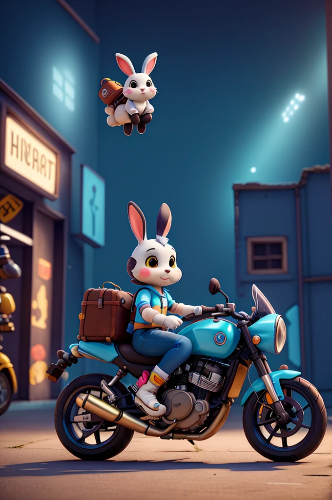 A cute cartoon bunny courier riding a motorcycle, Detailed helmet, The character is in the center,3d rendering, Vibrant colors, Dynamic poses, light, Whimsical atmosphere, Fantasy,dream,Colorful,masterpiece, best quality, 8K, Extremely detailed, Reality
