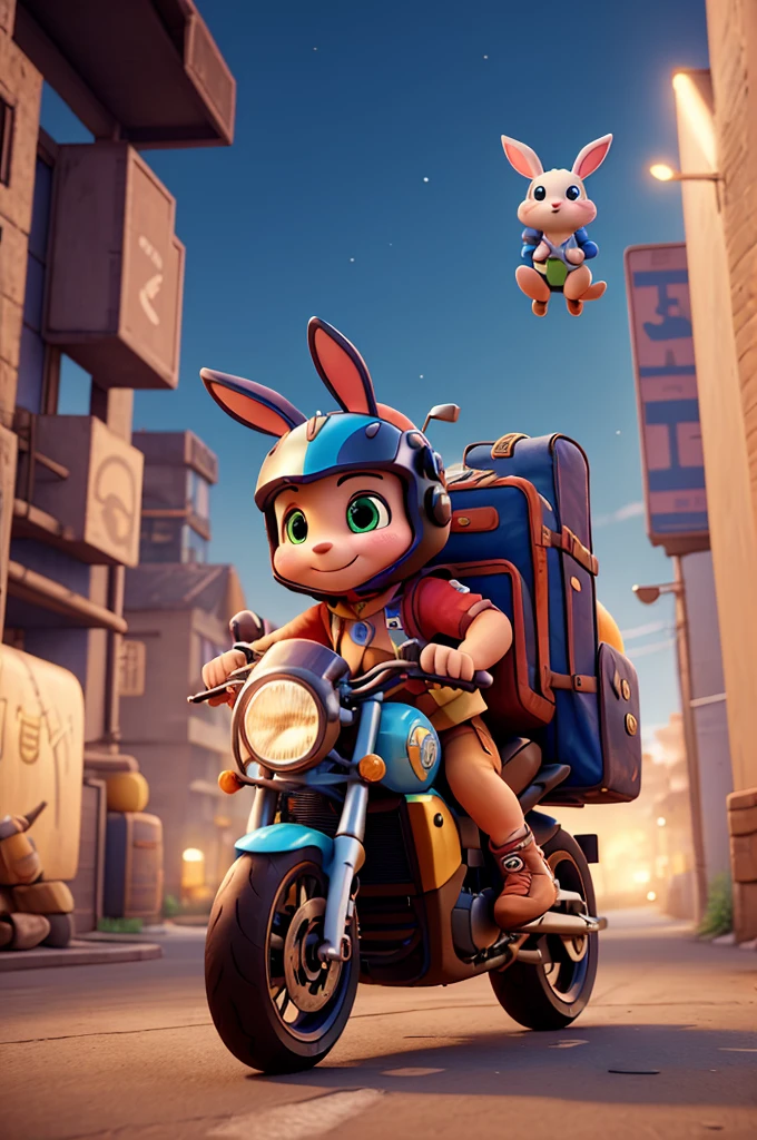 A cute cartoon bunny courier riding a motorcycle, Detailed helmet, The character is in the center,3d rendering, Vibrant colors, Dynamic poses, light, Whimsical atmosphere, Fantasy,dream,Colorful,masterpiece, best quality, 8K, Extremely detailed, Reality