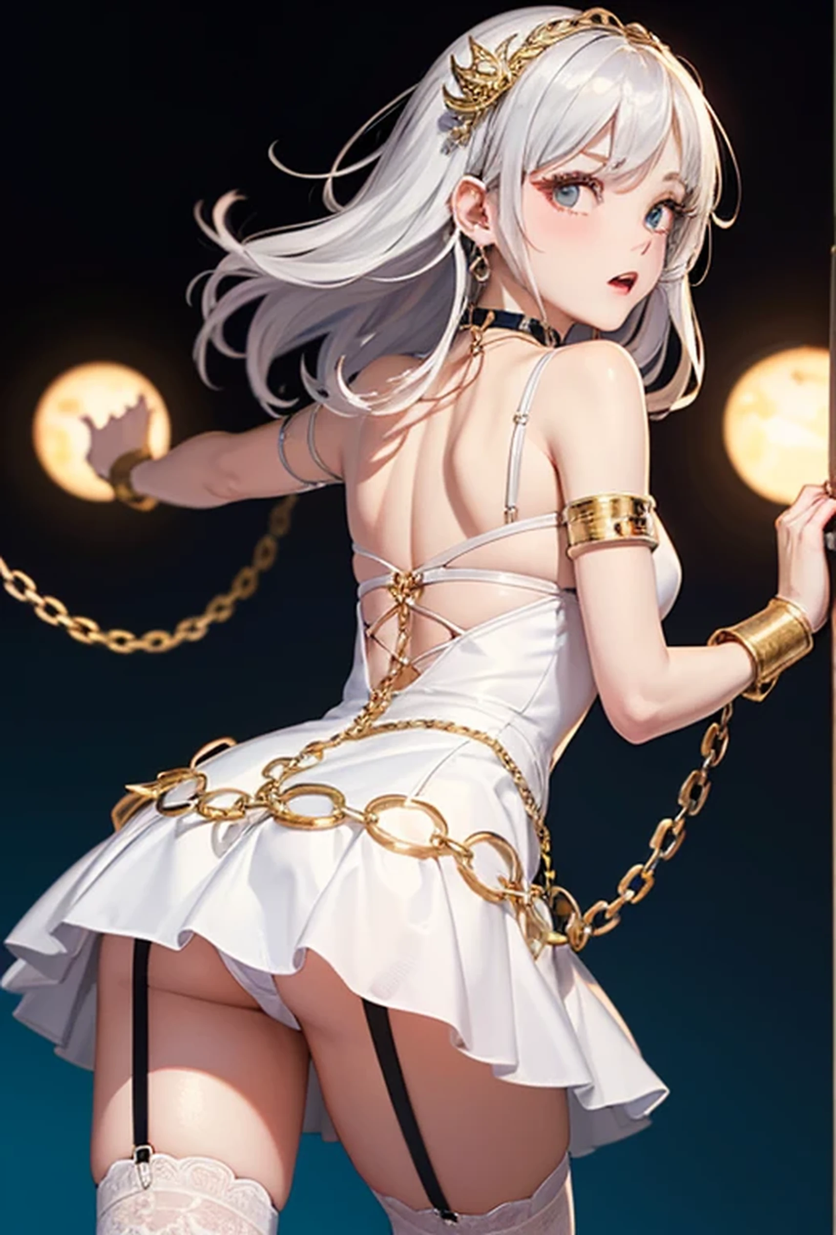 (Photorealistic:1.8, Highest quality:1.8,8K Masterpiece:1.8、Super detailed、Ultra-high resolution、Detailed Background)、((Flat Color))、((colorful))、Multicolored lighting、((Floating colorful water))、metallic、Blue background、
Bound Queen、Random Pause、(Chained、Golden Chain、Chained to the body、Chained first round、handcuffs)、Random Sexy Poses、Turn around、Angle from behind、
(Medium Hair、vermilion, silver and gold hair、hair ornaments、choker)、(bondage、Mini Dress、choker、Knee-high stockings、garter belt、White biting panties)、Beautiful hip line、TWICE's Tzuyu' on pause、Beautiful blue eyes、(A rich expression、smile)