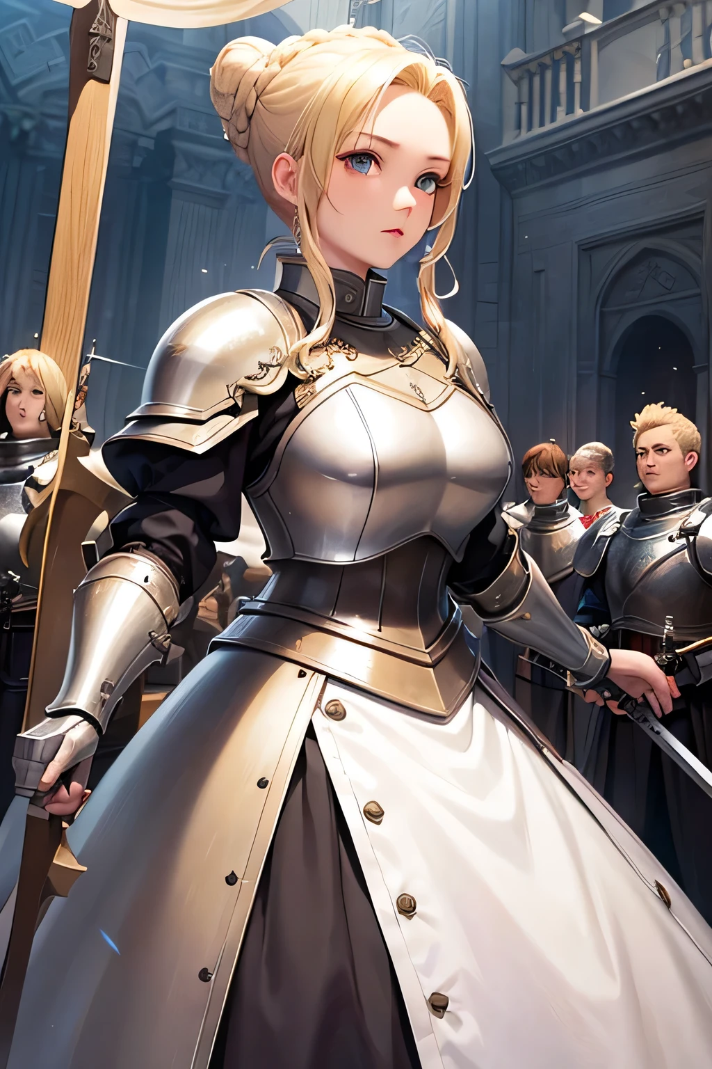 Beautiful 20 year old woman, (((blond updo))), holy knight, White Iron Armor、Swinging the Sword、battlefield