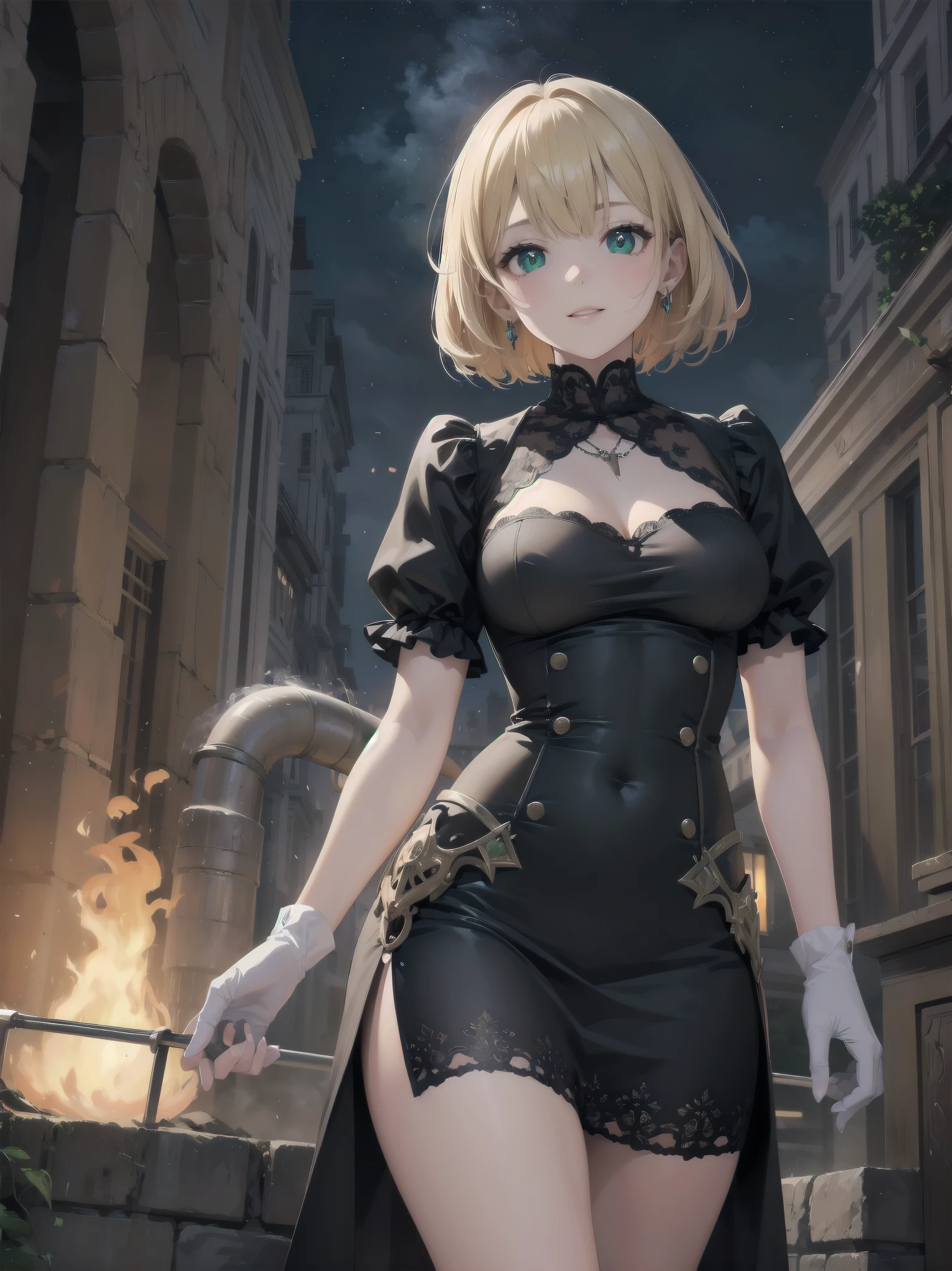 (Masterpiece:1.2), (Top quality: 1.2), Super high resolution, Very detailed,. 
BREAK.
, ((Anime girl standing with happiness in her hands)), Crazy girl, (1,Lolita,Boyish, , 12 years old: 1.3), Light smile, , Girl looking like a boy, Bob-cut hair, Shaggy hair, Very large breasts, nubile, slender body, overflowing with soft fat mass. Small hips, Vertically large eyes, Fine and beautiful eyes, Well-proportioned irises and pupils, Expressive eyes, Beautifully detailed lips, High resolution detailed hair, Perfect eyes, Perfect face, Super dense skin, Full fingers, Perfect lighting,.
 BREAK,. 
((light green necklace)), ((black and red fine dress: 1.3)), light green tie, shining sapphire, lady, wearing white gloves,. 
BREAK.
, (Steampunk), Castle balcony, Skyscraper, Night view, Equipment, Ancient ruins, Tradition, Overwhelming, Magnificent, Steam, Pipes, (Steam spewing out from pipes:1.2), Fantasy, Victorian other world, Early 19th century, Road, trees, clouds, night sky, shading, effects, detail. Masterpiece background,
BREAK.
((Positive: 1.3)),. 
BREAK.
, digital animated art, cartoon-style illustrations, cartoon illustrations