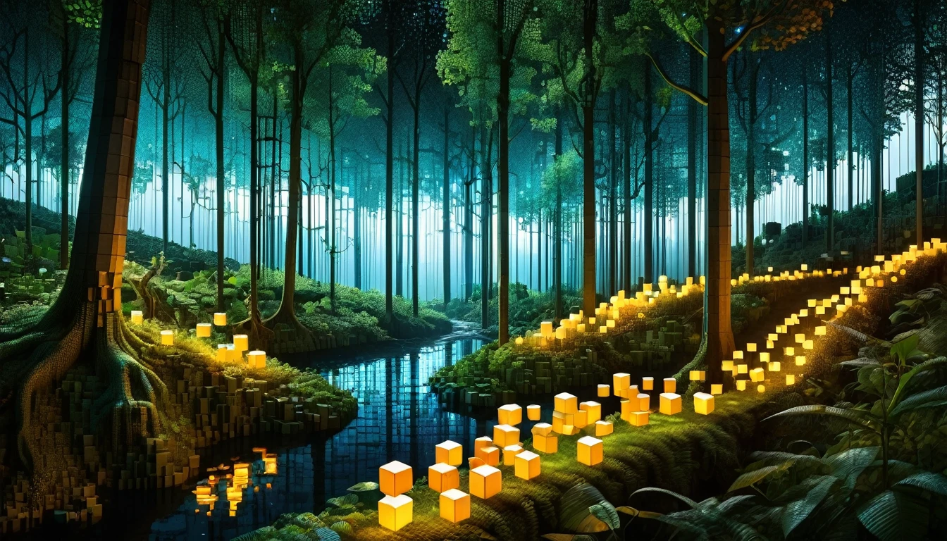 An enchanted forest made up of RAL-3D cubes, Surrounded by the fantastic light of fireflies,There are lots of small lizards,Very beautiful secret forest,You can see a beautiful river flowing from the top of the mountain.,Birds are also flying