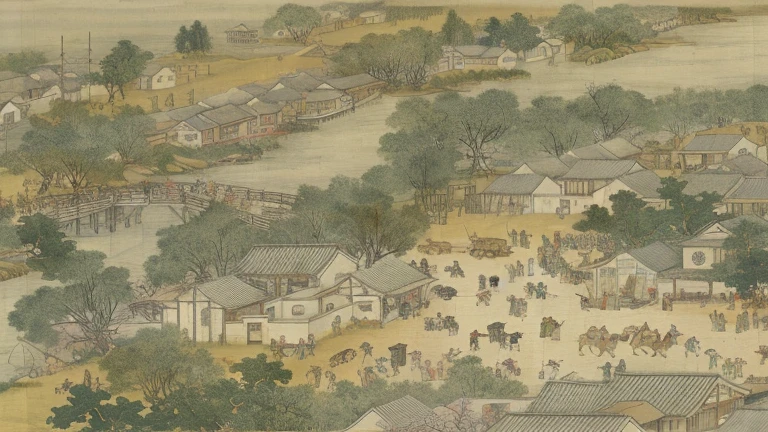 An ancient painting of a village with many people, Qing Dynasty painting, Qing Dynasty, Ancient Chinese painting, Song Dynasty, traditional painting, Li Di, ancient Chinese art style, Tang Di, Qiu Ying, Qian Du, Chinese traditional painting, Chinese countryside, Chinese traditional art, Li Rongjin, Gu An, Qingming upper river map