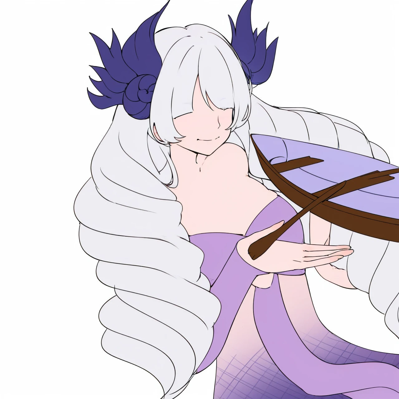 Anime girl with curly white hair with mermaid tail fins on hips,purple top and piece of long clothes, looking on the boat while guiding it with her hand as she's floating on the water
