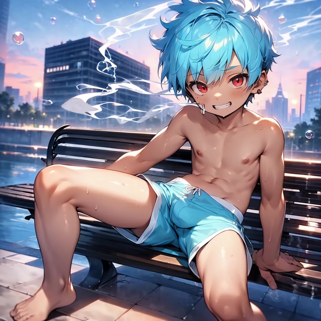 (solo:2), (boldline:-1.8), (smoking:1.6), (((bubble))), (sitting on bench:1.5), (spread legs:1.5), (((fang))), (((best finger))), BREAK (best quality:1.5), (absolutely resolution:1.5), (ultra detailed:1.5), (masterpiece:1.5), (perfect face), (detailed face), (detailed eyes), (best eyes), (cute face), (shota:2), BREAK (topless:1.5), BREAK (red short pants:1.5), (see throgh wet clothes:1.2), (bulge:1.6), (skinny:1.3), (spiked hair), BREAK (light blue hair:1.5), (wine red eyes:1.4), (eyes with highlight:1.6), ((mole under eye)), (sweaty skin), (light skin), (grin:1.5), ((earrings)), (shiny skin:1.3), BREAK (garden), (building:1.5), (at twilight:1.5), ((wind blowing)), ((nipple)), (abs), (groin),