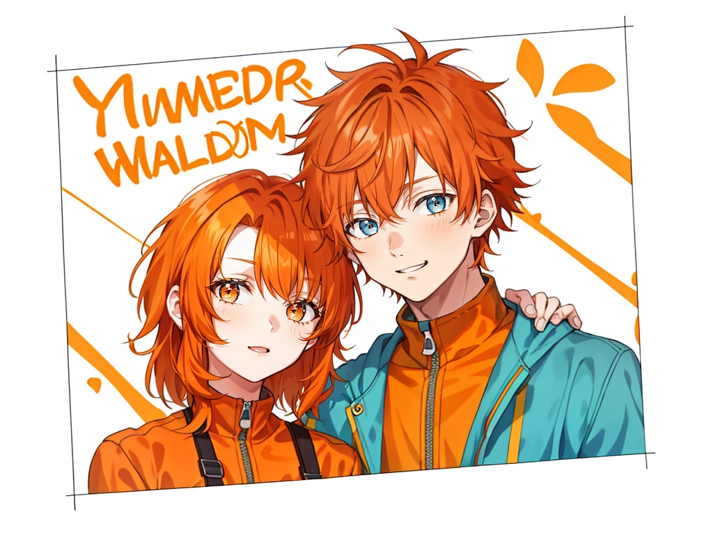 1 boy, 24 years old, messy hair, orange hair, medium hair, jumpsuit, 1 girl, 24 years old,