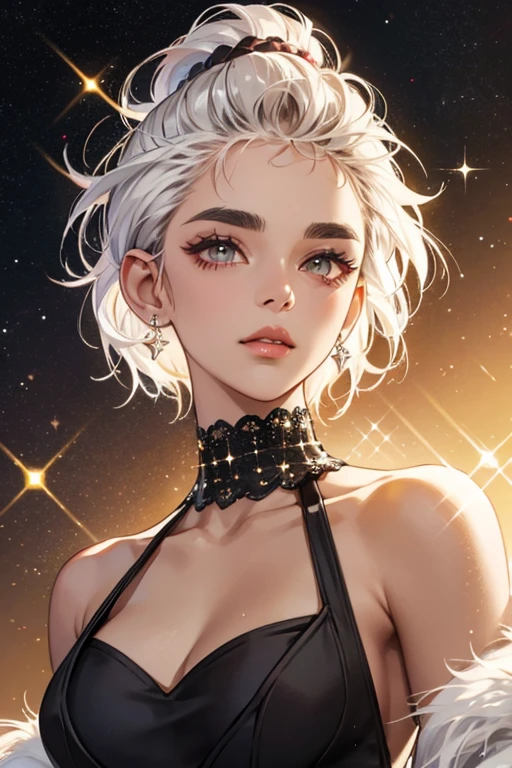 she has dark brown skin, dark brown eyebrows, half white a half black shaved hair, SPARKLE; GLITTER