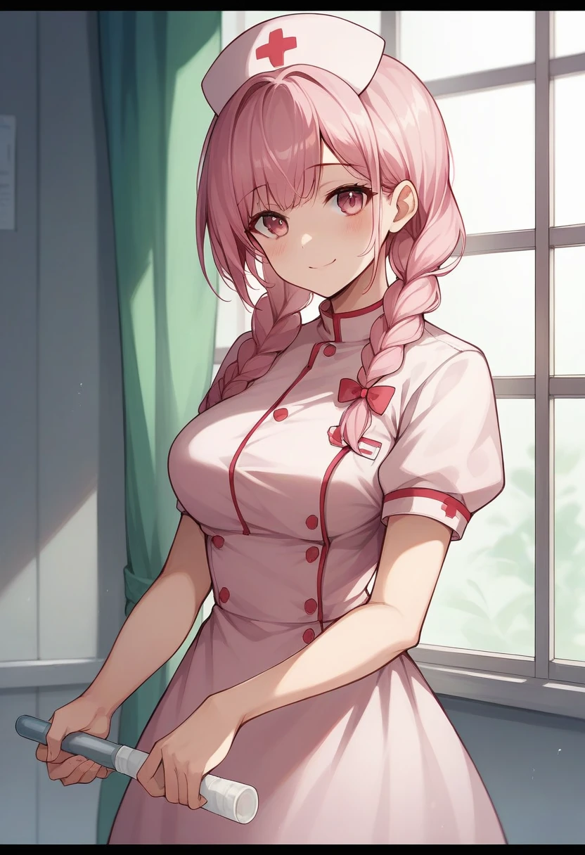 1girl, solo, long hair, breasts, looking at viewer, blush, smile, bangs, hat, dress, bow, holding, closed mouth, pink hair, braid, short sleeves, hair bow, sidelocks, indoors, pink eyes, twin braids, window, letterboxed, pink dress, nurse cap, nurse