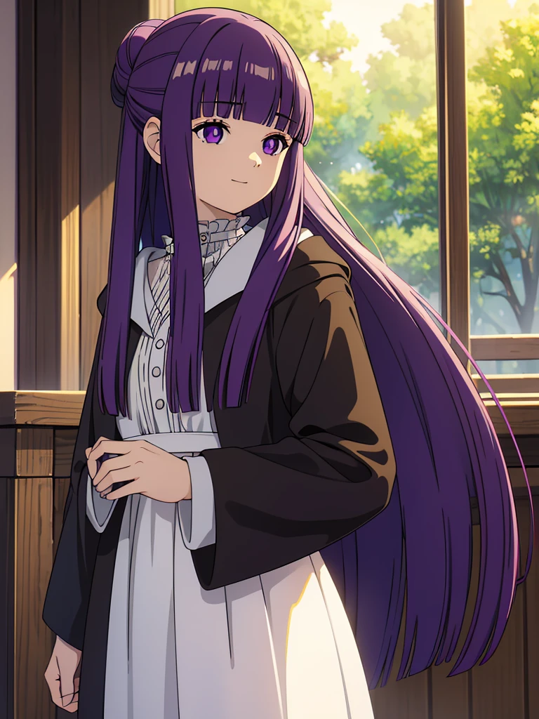 è²ä¼¦,1girl,solo,purple hair,long hair,purple eyes,blunt bangs,sidelocks,half updo,bright pupils, hair ornament,frilled collar,black robe,white dress,center frills,buttons,wide sleeves,long sleeves,curvy,cowboy shot,brown coat,from side,smile,, Exquisite visuals, high-definition,masterpiece,best quality,, 20yo,Young female,Beautiful Finger,Beautiful long legs,Beautiful body,Beautiful Nose,Beautiful character design, perfect eyes, perfect face,expressive eyes, looking at viewer, official art,extremely detailed CG unity 8k wallpaper, perfect lighting,Colorful, Bright_Front_face_Lighting,shiny skin, (masterpiece:1.0),(best_quality:1.0), ultra high res,4K,ultra-detailed, photography, 8K, HDR, highres, absurdres:1.2, Kodak portra 400, film grain, blurry background, bokeh:1.2, lens flare, (vibrant_color:1.2), (beautiful_face:1.5),(narrow_waist), 