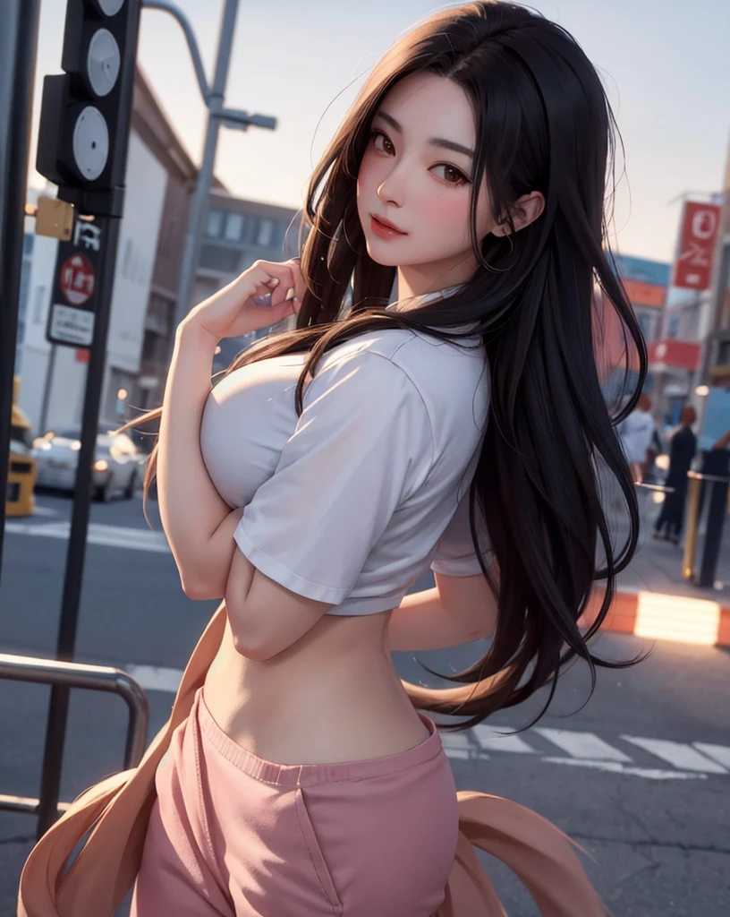 Masterpiece, Best Quality, HuTaoV4, 1 girl, Alone, blush, two tails, wide, hair between the eyes, ((Street clothes)), City, outdoor, evening, movie poster, Extremely detailed 8k, seeds, high resolution, Ultra quality, cinematic lighting, ambient occlusion, High Definition, 2K, 4k, 8k, 16k, extremely detailed anime, detailed faces, perfect composition, plano general, atmospheric lighting, very sexy, lift skirt, random lower back angle, uncensored, NSFW, uncensored