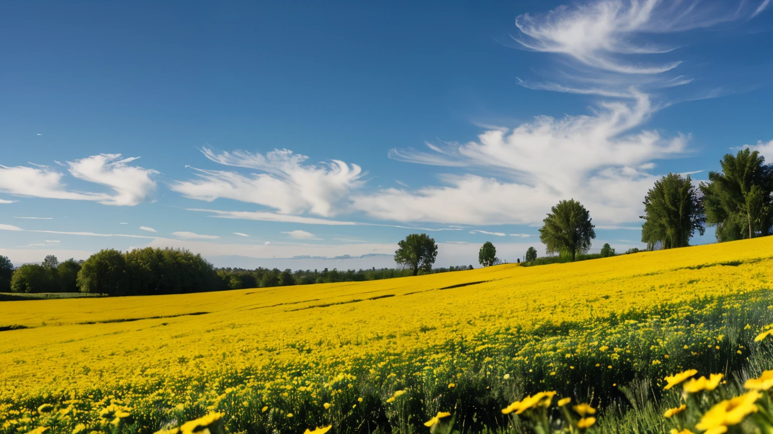 Morning flower field、Cloudless blue sky,Colorful scenes, HDR Color, Beautiful iPhone Wallpapers, Calm and bright colors, Awesome Screensaver,  HDR photo