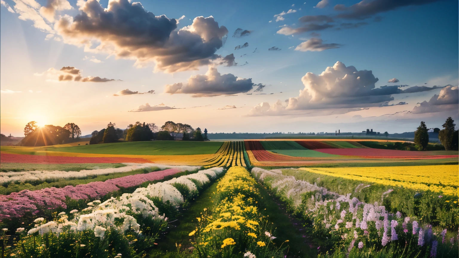 Morning flower field、Cloudless blue sky,Colorful scenes, HDR Color, Beautiful iPhone Wallpapers, Calm and bright colors, Awesome Screensaver, HDR photo