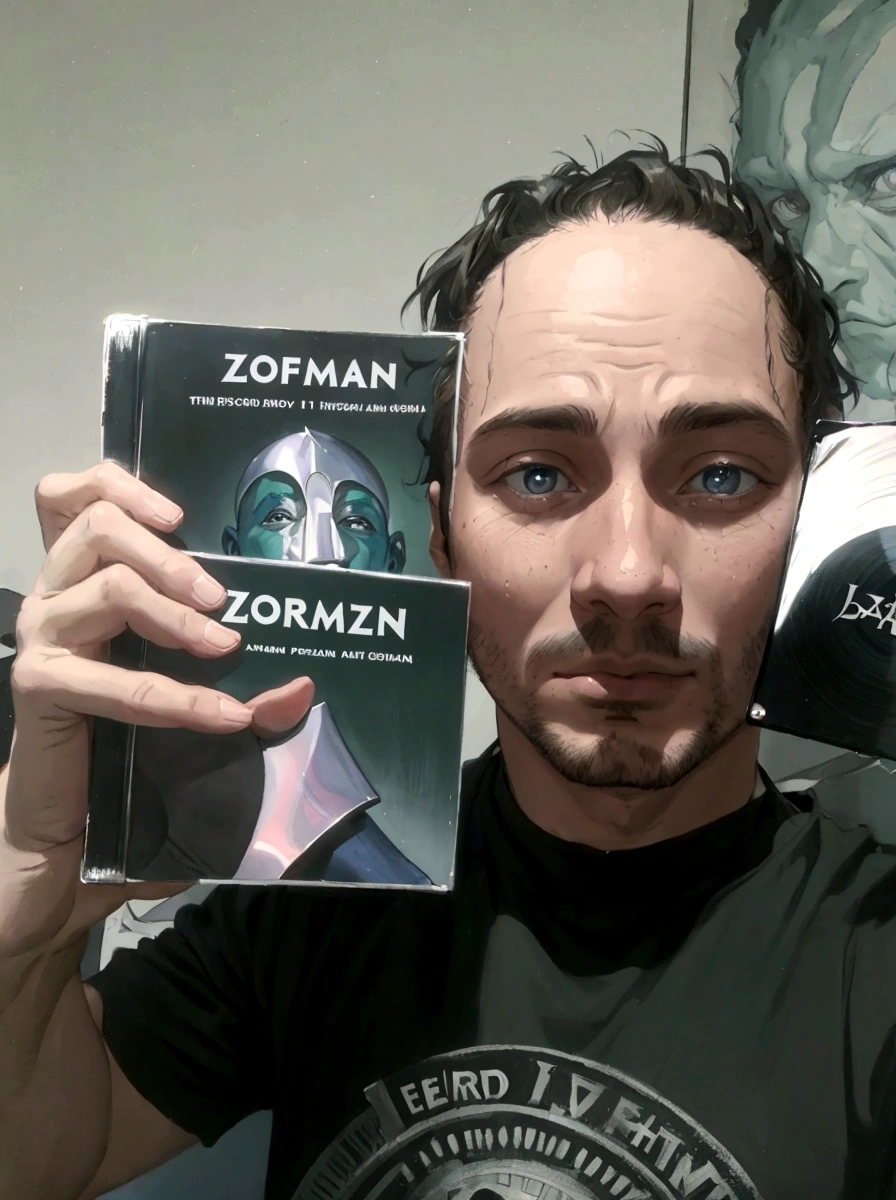 Arafed man holding two CDs in front of his face., album cover!, inspired powder Zoltan Boros, new album cover, Zoltán, inspired by Loïc Zimmerman, by Zoran Mušič, art album, powder Zoltan Boros, portrait!!!, CD jacket, por Romain Brook, inspired by Zoltán Joó, portrait!!!!