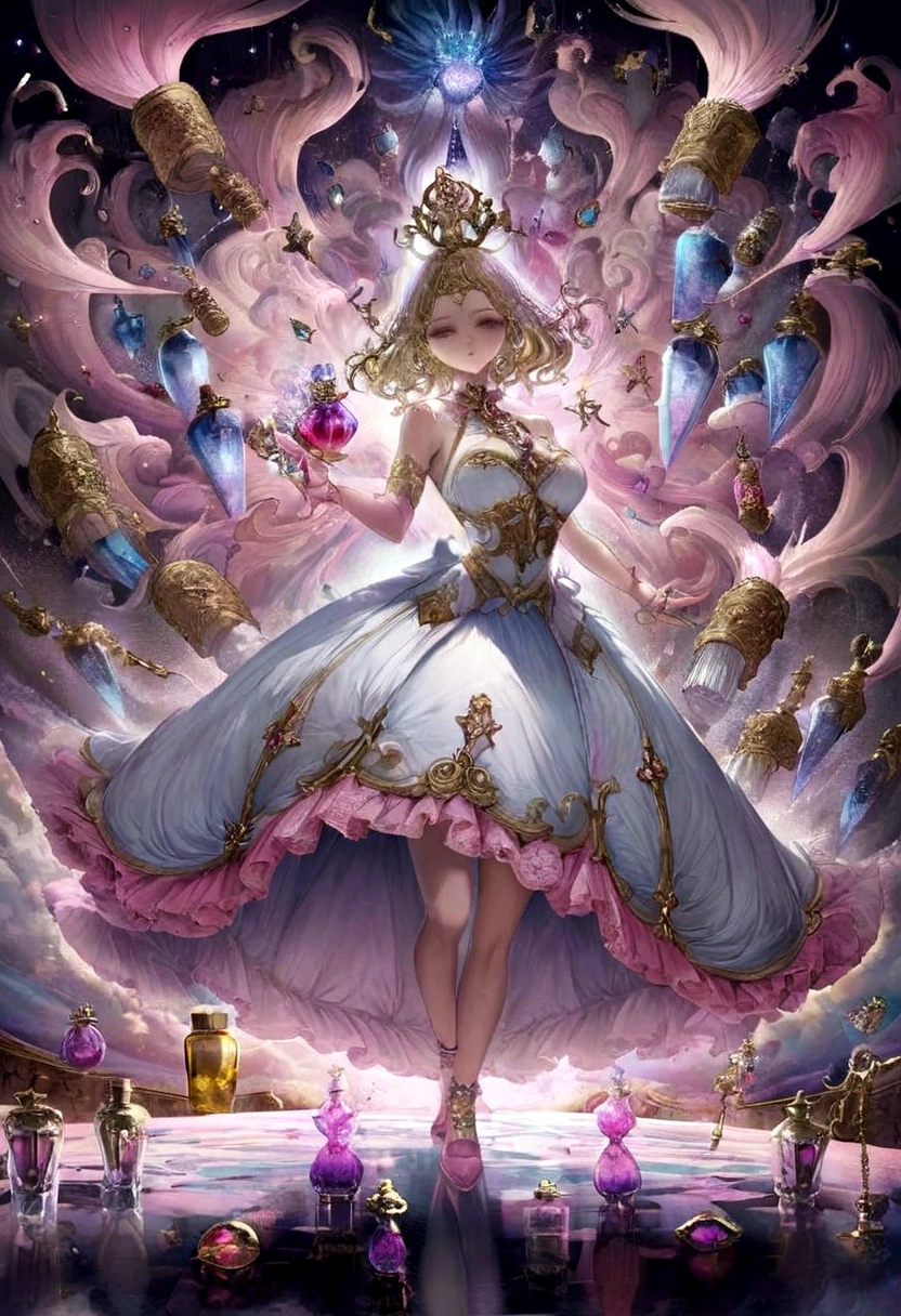 perfume bottle with its atomizer, fine, elegant, magical, mystical, energetic, centralized in the center, the bottle surrounded by energy, beautiful