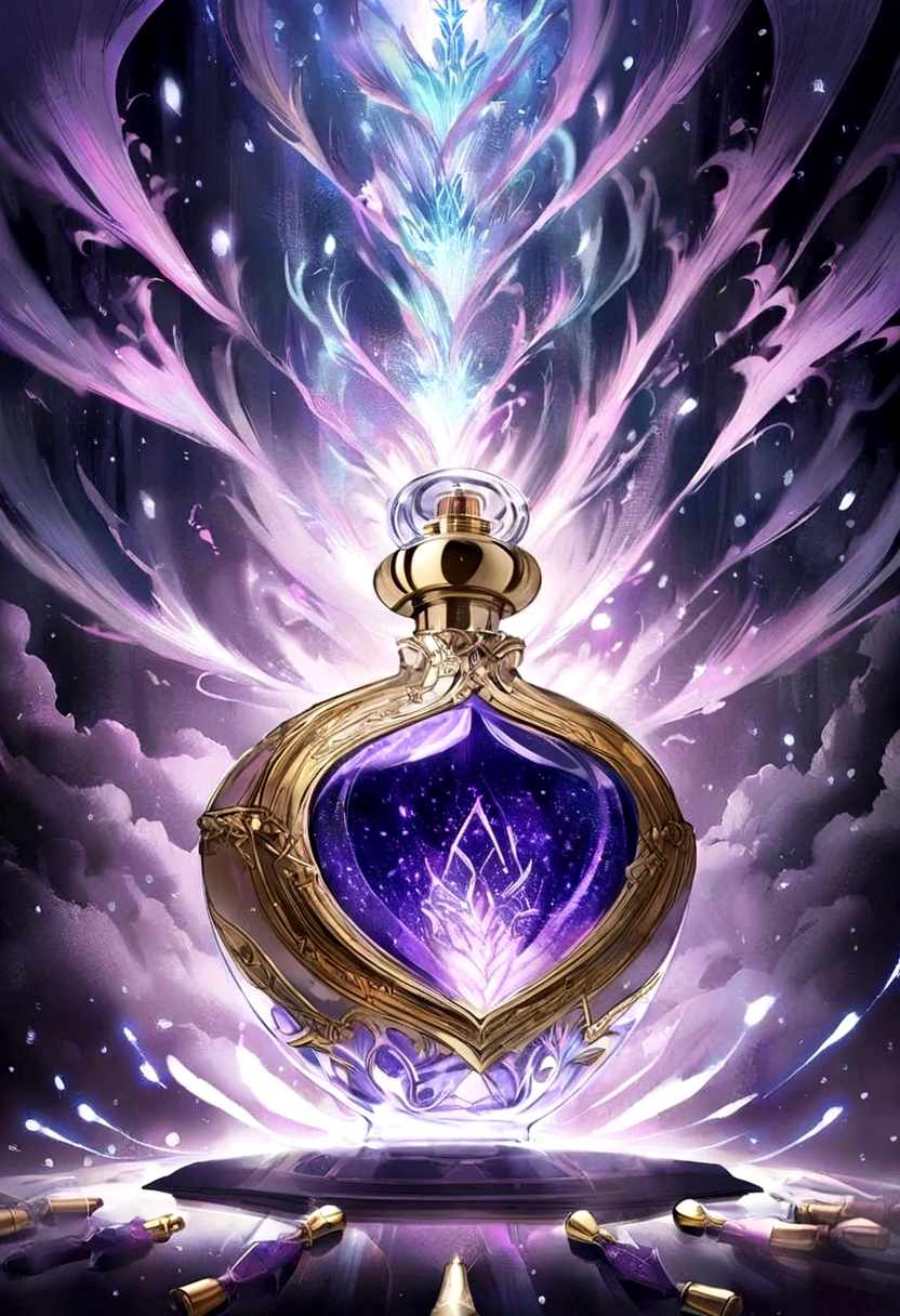 perfume bottle with its atomizer, fine, elegant, magical, mystical, energetic, centralized in the center, the bottle surrounded by energy, beautiful