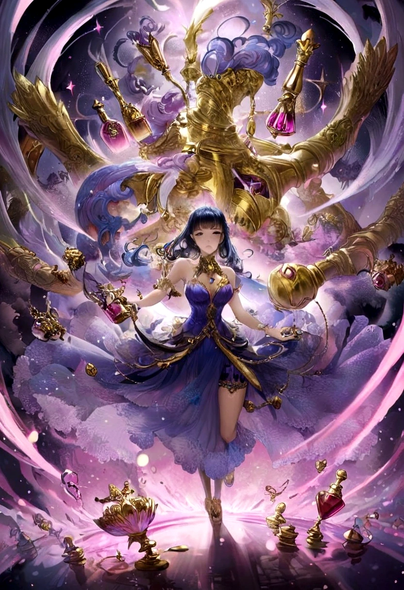 perfume bottle with its atomizer, fine, elegant, magical, mystical, energetic, centralized in the center, the bottle surrounded by energy, beautiful