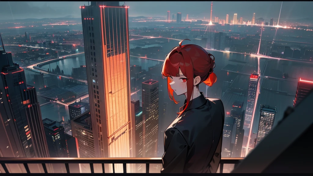 masterpiece, detailed, ( 1 girl and 1 man focus ) , girl and gang male at an night modern cityscape , ( 1 girl and 1 gang male:1.3 ) , red hair male, ( male with red hairstyle:1.3 ) , ( beige hair girl:1.3 ) , chignon hairstyle girl, ( girl with single chignon hairstyle:1.3 ), messy blunt bangs male , girl with blunt bangs , wearing black suit , deep-red eye , ( male face:1.3 ) , (( The background of the night modern cityscape )) , ( midnight ) , side by side , neon , building , moonlight