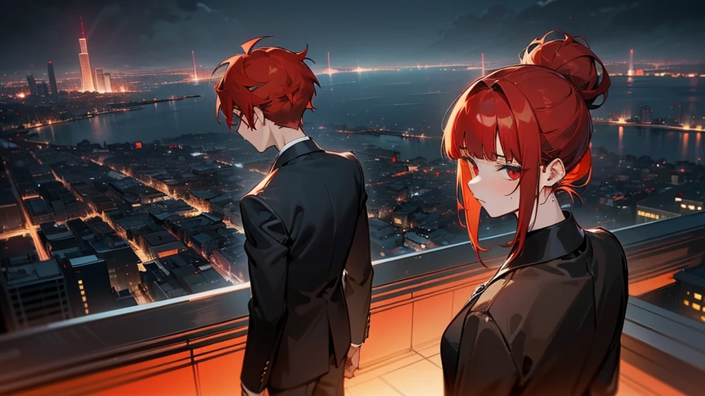 masterpiece, detailed, ( 1 girl and 1 man focus ) , girl and gang male at an night modern cityscape , ( 1 girl and 1 gang male:1.3 ) , red hair male, ( male with red hairstyle:1.3 ) , ( beige hair girl:1.3 ) , chignon hairstyle girl, ( girl with single chignon hairstyle:1.3 ), messy blunt bangs male , girl with blunt bangs , wearing black suit , deep-red eye , ( male face:1.3 ) , (( The background of the night modern cityscape )) , ( midnight ) , side by side , neon , building , moonlight