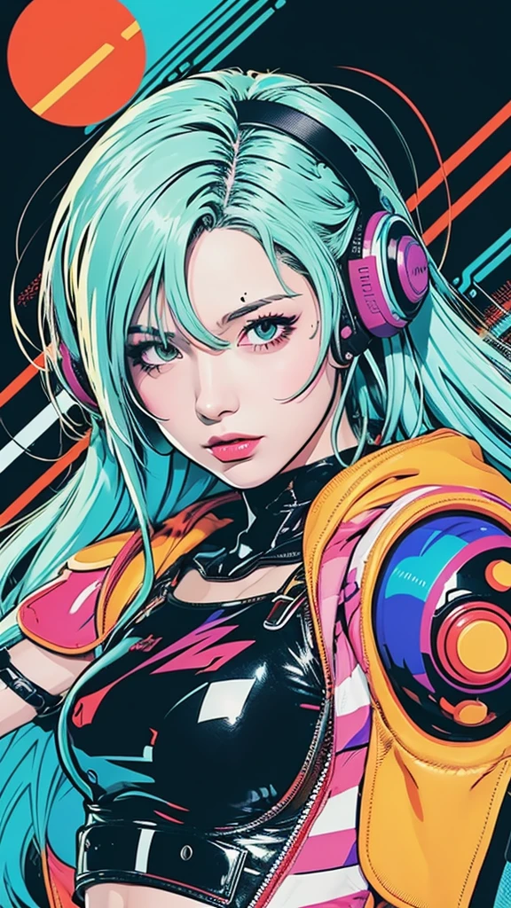 anime, girl, cute, cyber punk, colorful, ink paint Line art, Vector art, Bold line, Glitch Art, Flat Color, Key Visual, Vibrant, Drafting, Line art, Minimalist, masterpiece,Android18