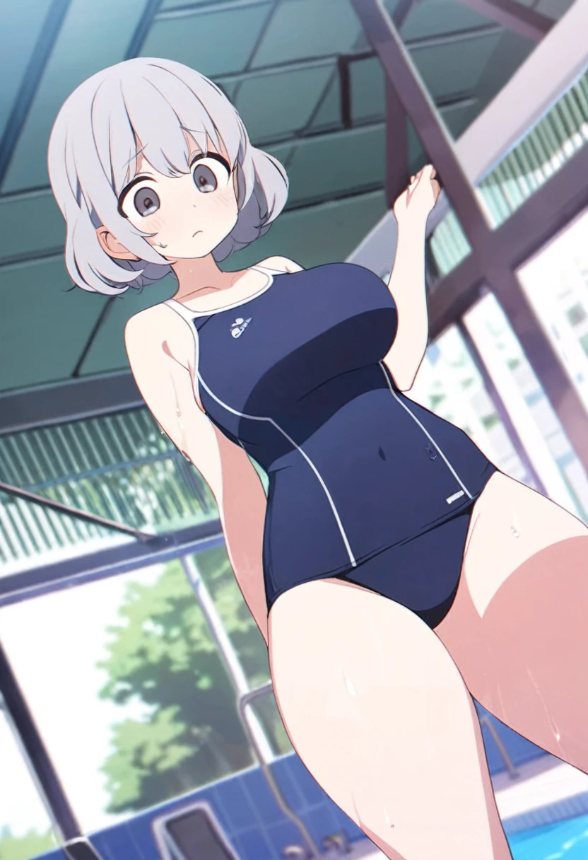 One Girl,Silver Hair,short cut wavy hairstyle,Grey Eyes,Droopy eyes,Large chest size,Wide thighs)School Swimsuit,Pool