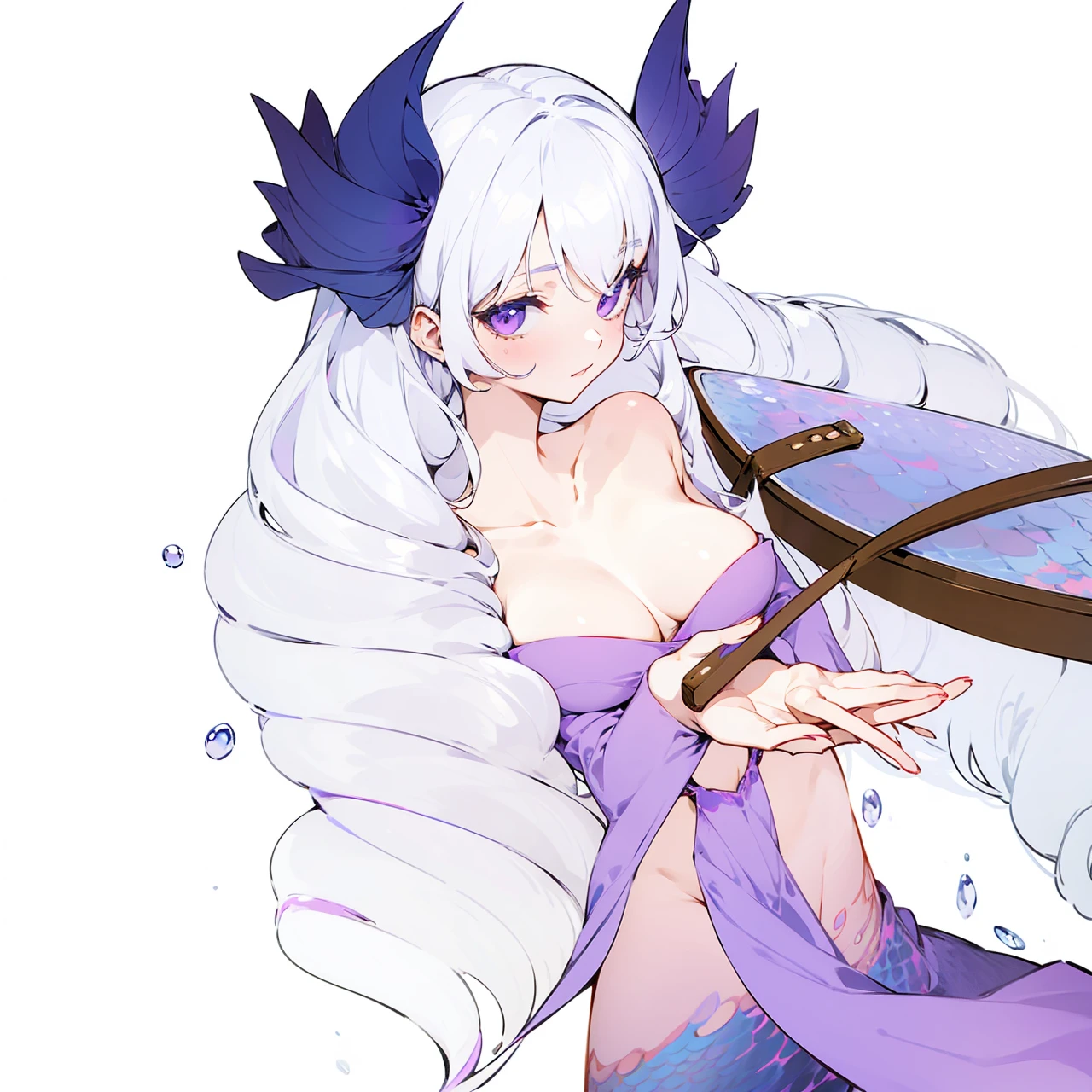 Anime girl with curly white hair with mermaid tail fins on hips,purple top and piece of long clothes, looking on the boat while guiding it with her hand as she's floating on the water