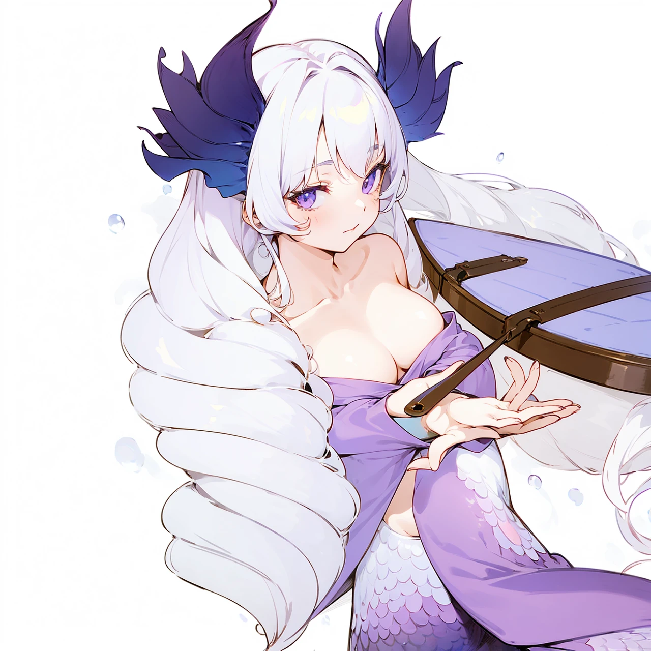 Anime girl with curly white hair with mermaid tail fins on hips,purple top and piece of long clothes, looking on the boat while guiding it with her hand as she's floating on the water