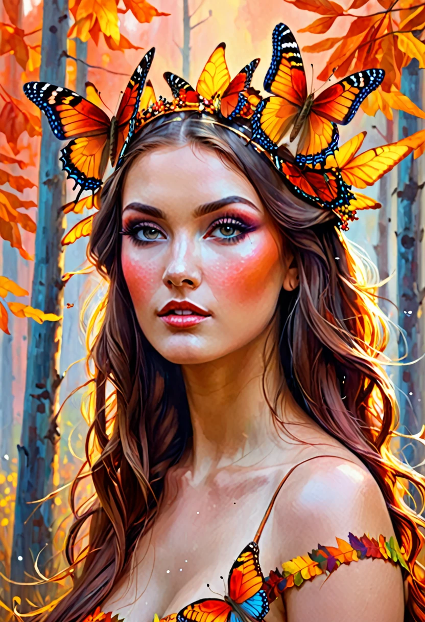 painting of a woman with a butterfly headpiece and a butterfly on her head, digital art inspired by Wojciech Kossak, shutterstock contest winner, digital art, the butterfly goddess of fire, goddess of autumn, beautiful fantasy art portrait, beautiful gorgeous digital art, wonderful, autumnal empress, amazing art, fantasy portrait art, fantasy art portrait, masterpiece work of art