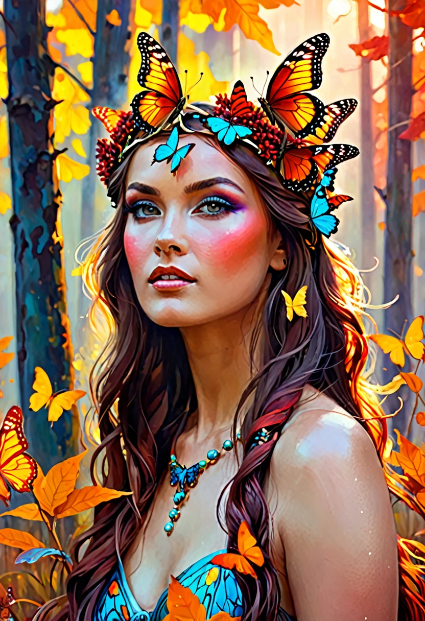 painting of a woman with a butterfly headpiece and a butterfly on her head, digital art inspired by Wojciech Kossak, shutterstock contest winner, digital art, the butterfly goddess of fire, goddess of autumn, beautiful fantasy art portrait, beautiful gorgeous digital art, wonderful, autumnal empress, amazing art, fantasy portrait art, fantasy art portrait, masterpiece work of art