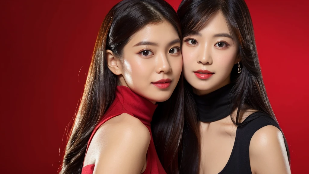 (a red rose),(red background),(detailed face),VIVID,pretty,sleeveless and turtle neck white silky clothes,4k ,super high resolution ,(photo-realistic: 1.7),black long hair,