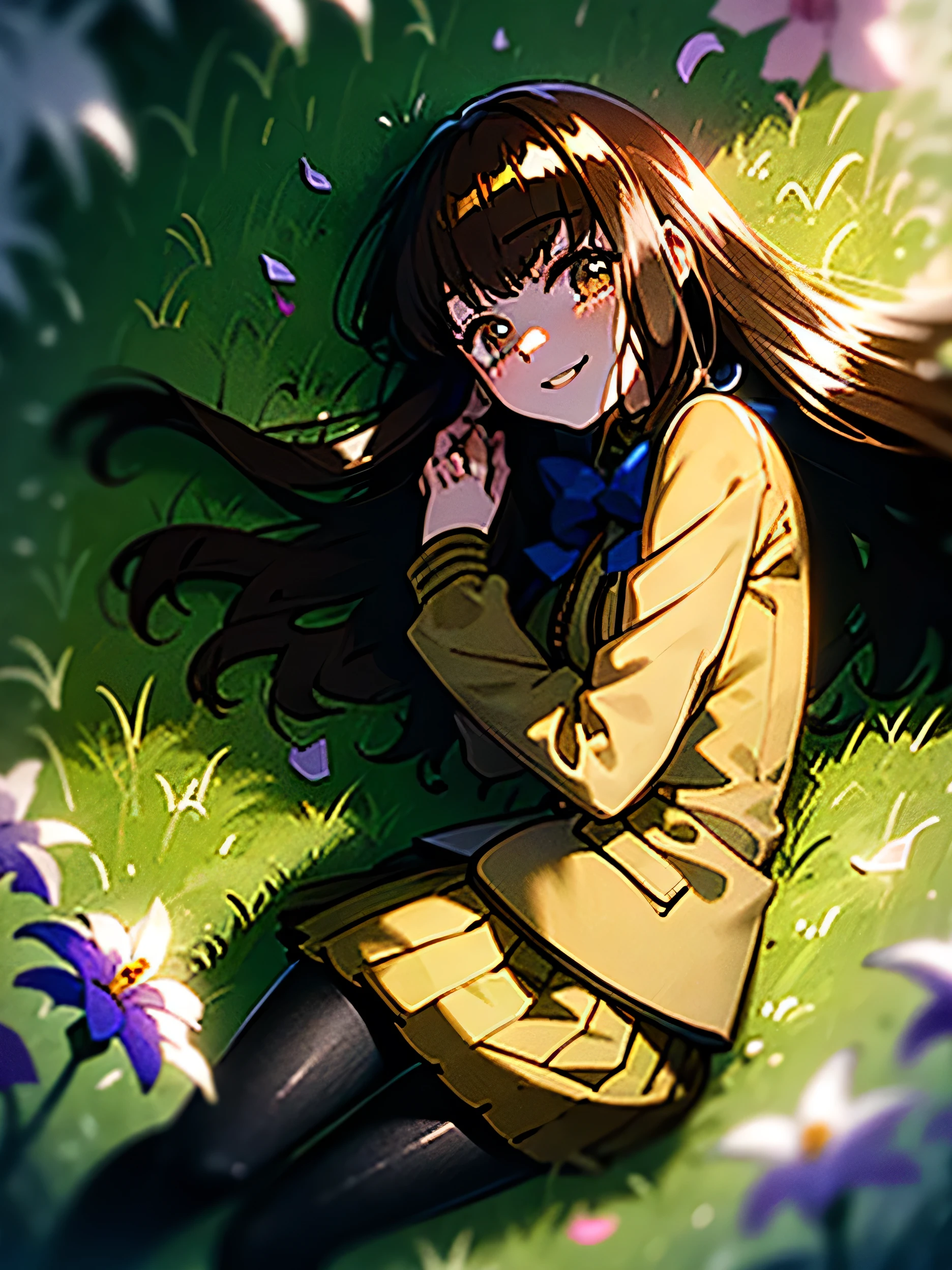 absurdres, uhd, best quality, CG, HDR, 1girl, hmkh1, loraeyes, brown eyes, brown hair, long hair, blue bowtie, blue bow, brown mini skirt, pleated skirt, brown jacket, ((black pantyhose)), smile, looking at viewer, (((in a field of flowers, laying in grass, fetal position))), garden, daytime, from above 